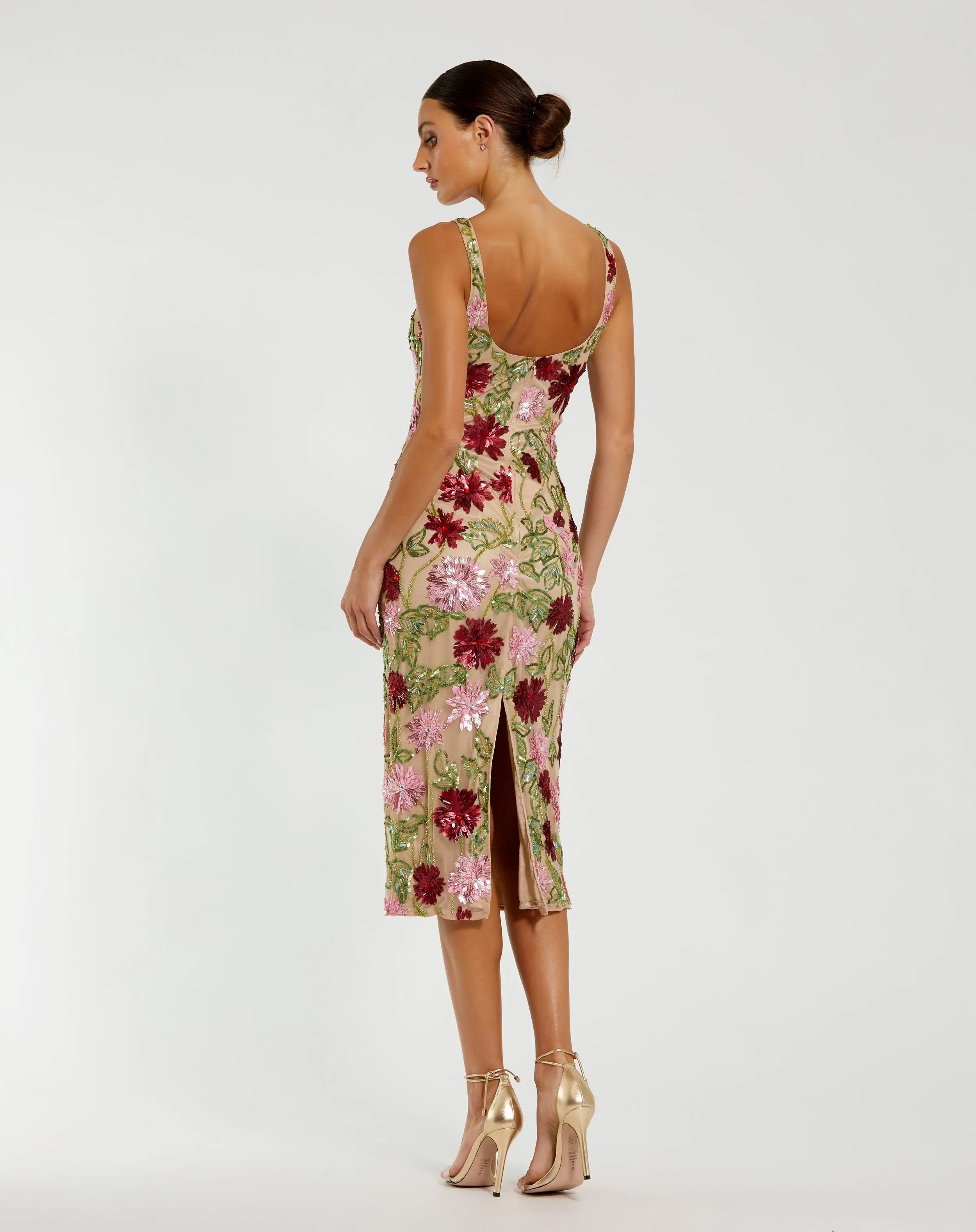 Beige Floral Beaded Scoop Neck Midi Dress