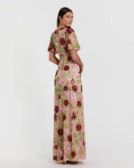 Beige Floral Beaded Mesh Puff Sleeve Gown