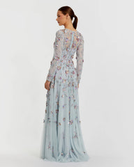 Light Blue Long Sleeve Floral Embellished Evening Gown