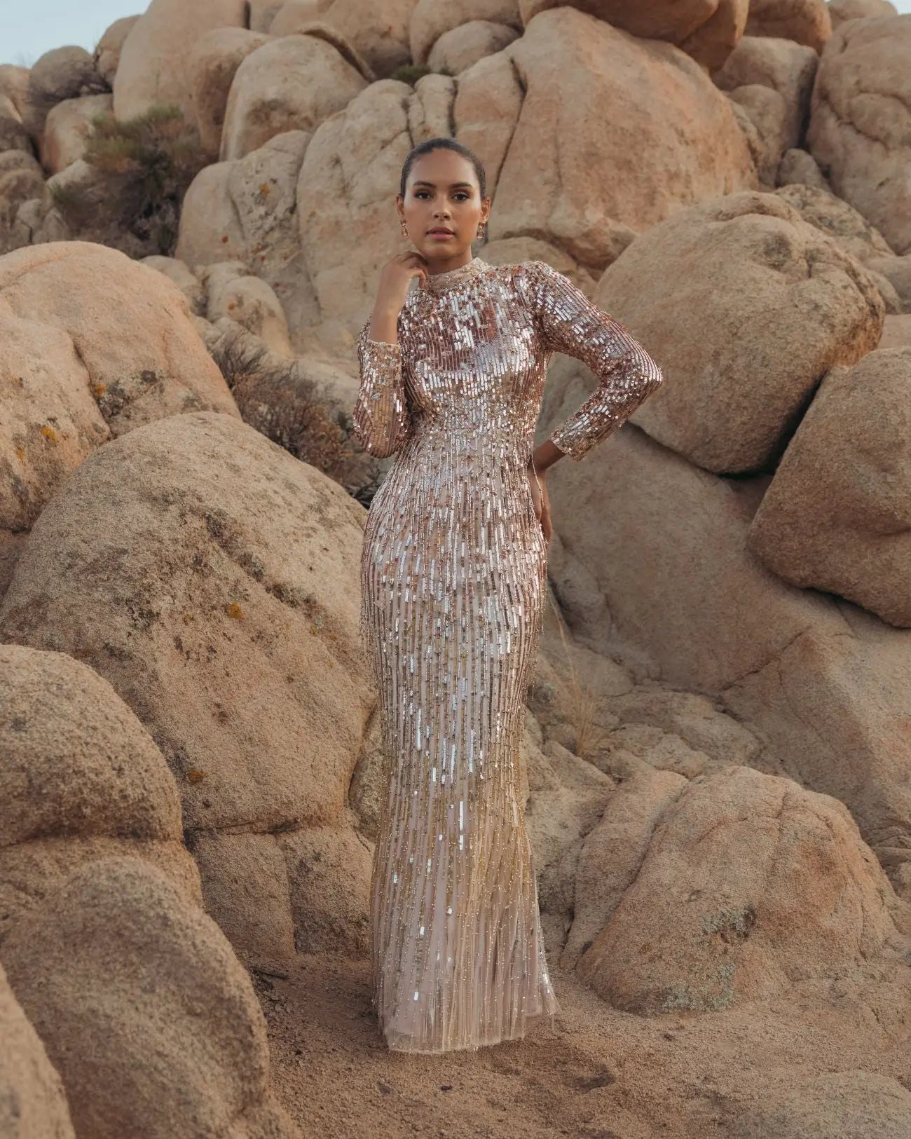 Pink Long Sleeve Fringe Embellished Column Gown