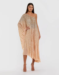 Light Orange One Shoulder Ombre Sequin Kaftan Dress