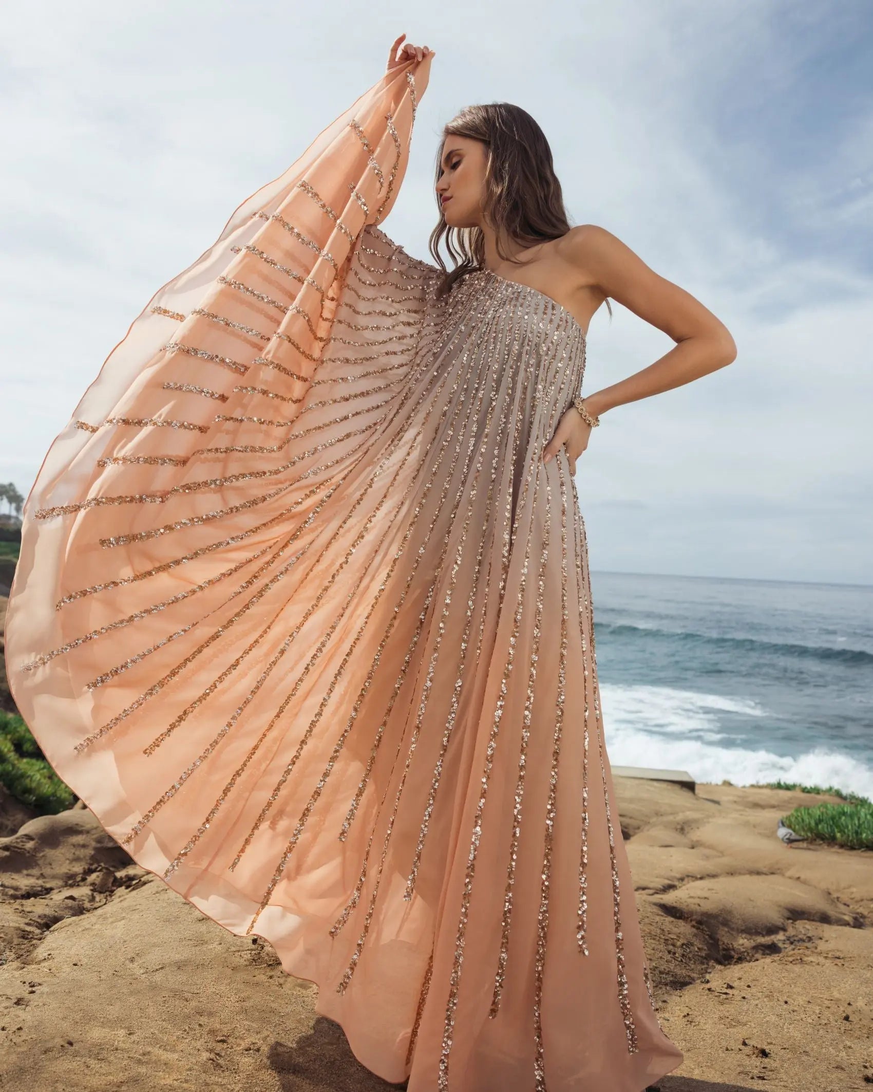 Light Orange One Shoulder Ombre Sequin Kaftan Dress