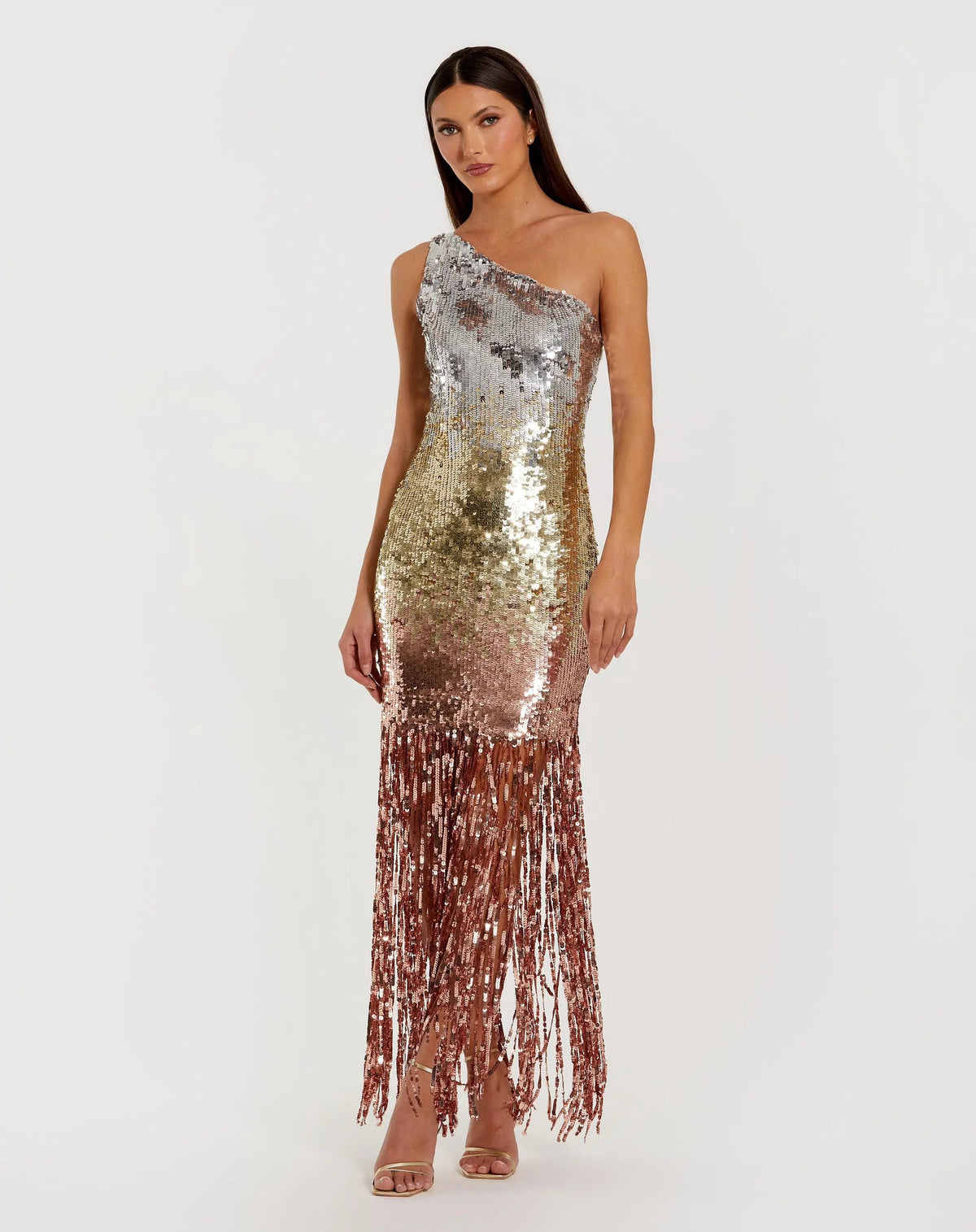 Multicolor Metallic Sequin One Shoulder Fringe Dress