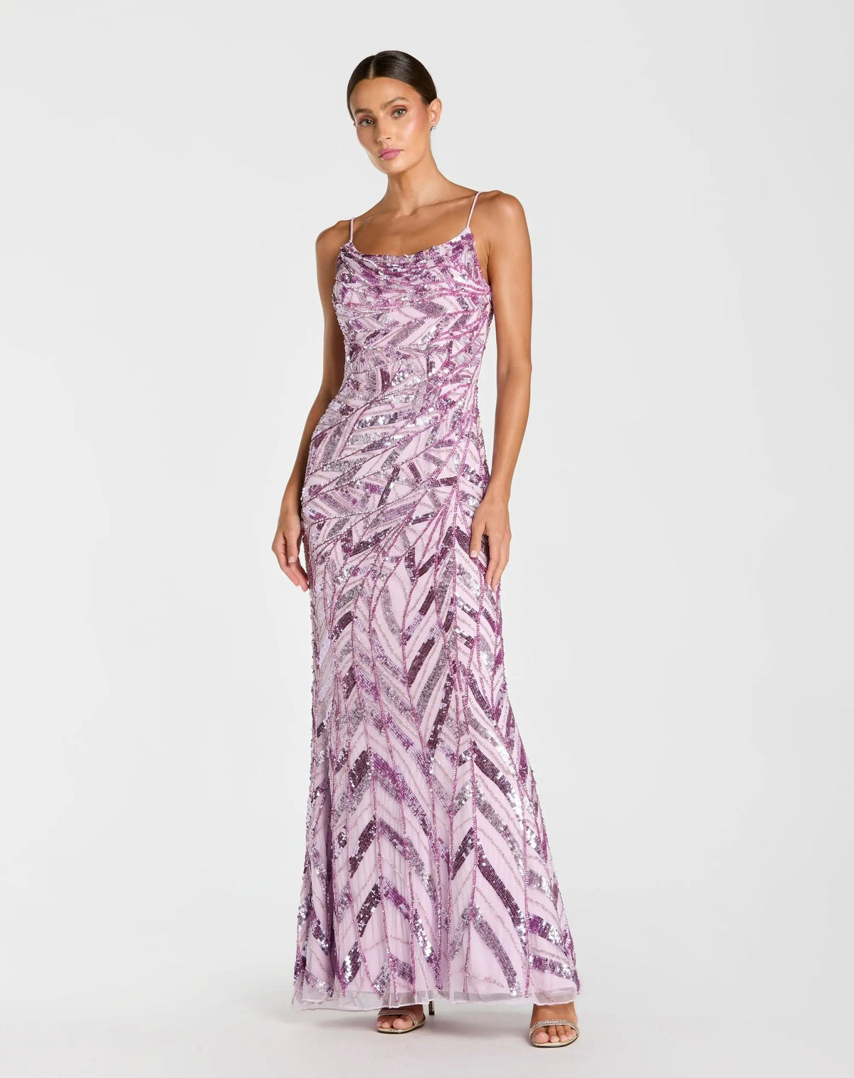 Purple Sleeveless Cowl Back Embellished Gown