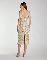 Beige Sleeveless Paillette Embellished Fitted Midi Dress