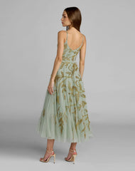 Green and Gold Floral Hand Beaded Midi Dress
