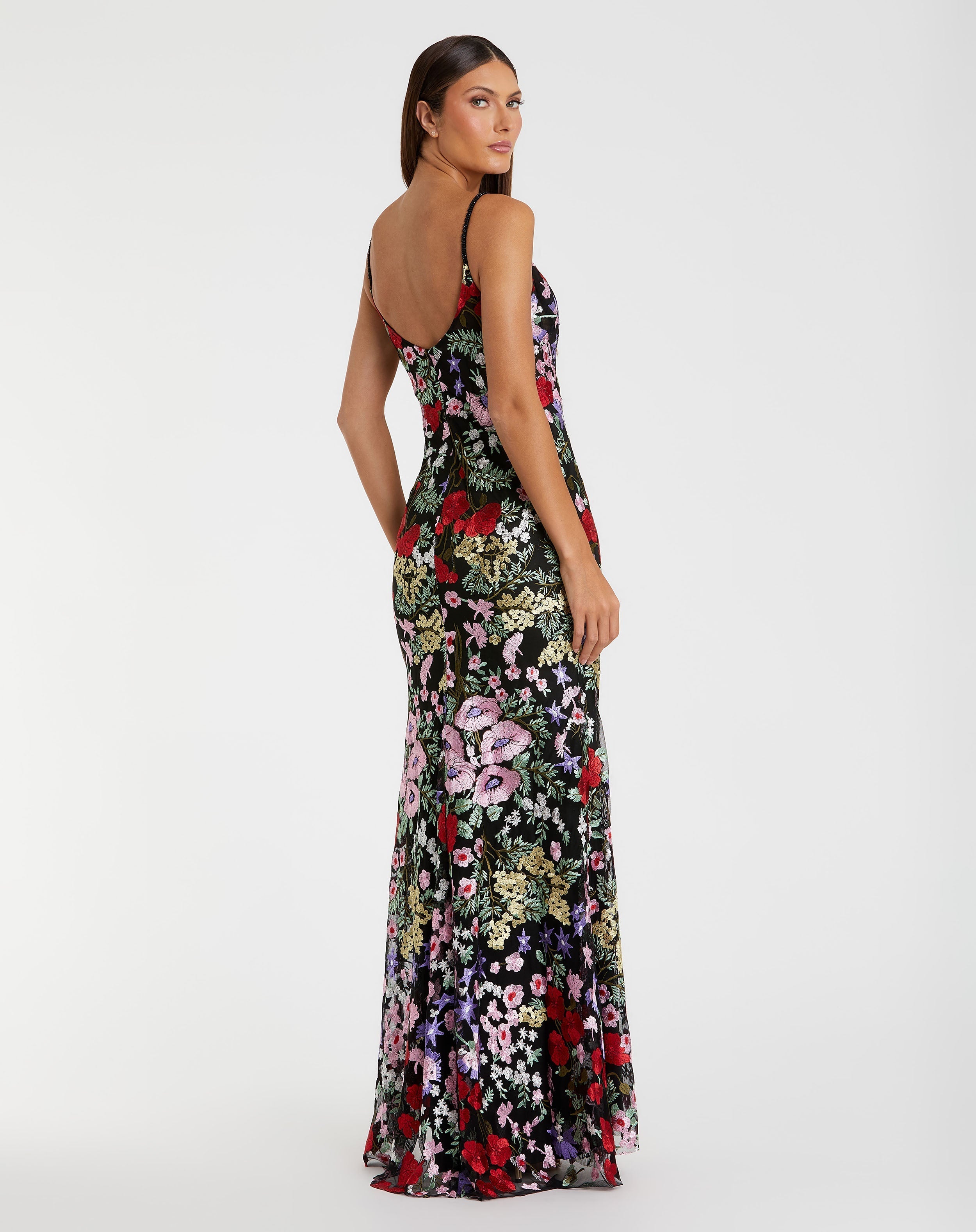 Black Embroidered Floral Trumpet Gown