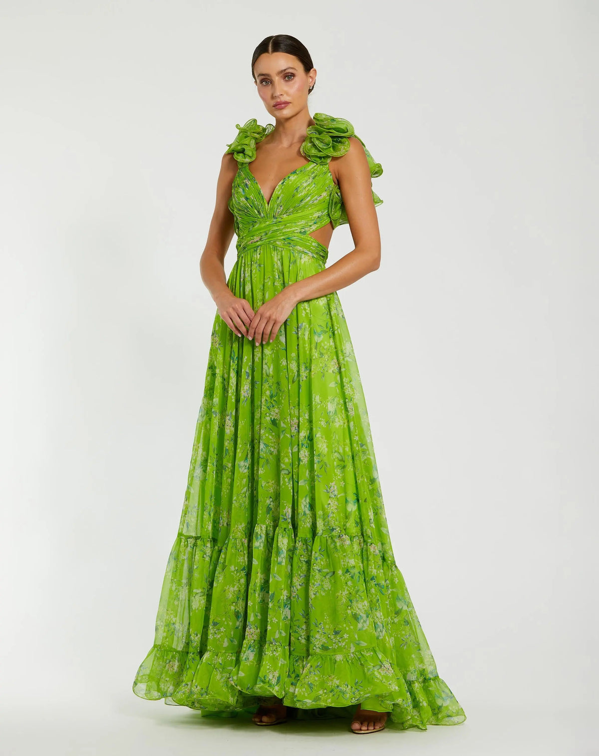 Ruffle Tiered Floral Cut-Out Chiffon Gown