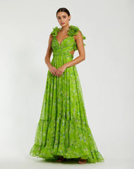 Green Ruffle Tiered Floral Cut-Out Chiffon Gown