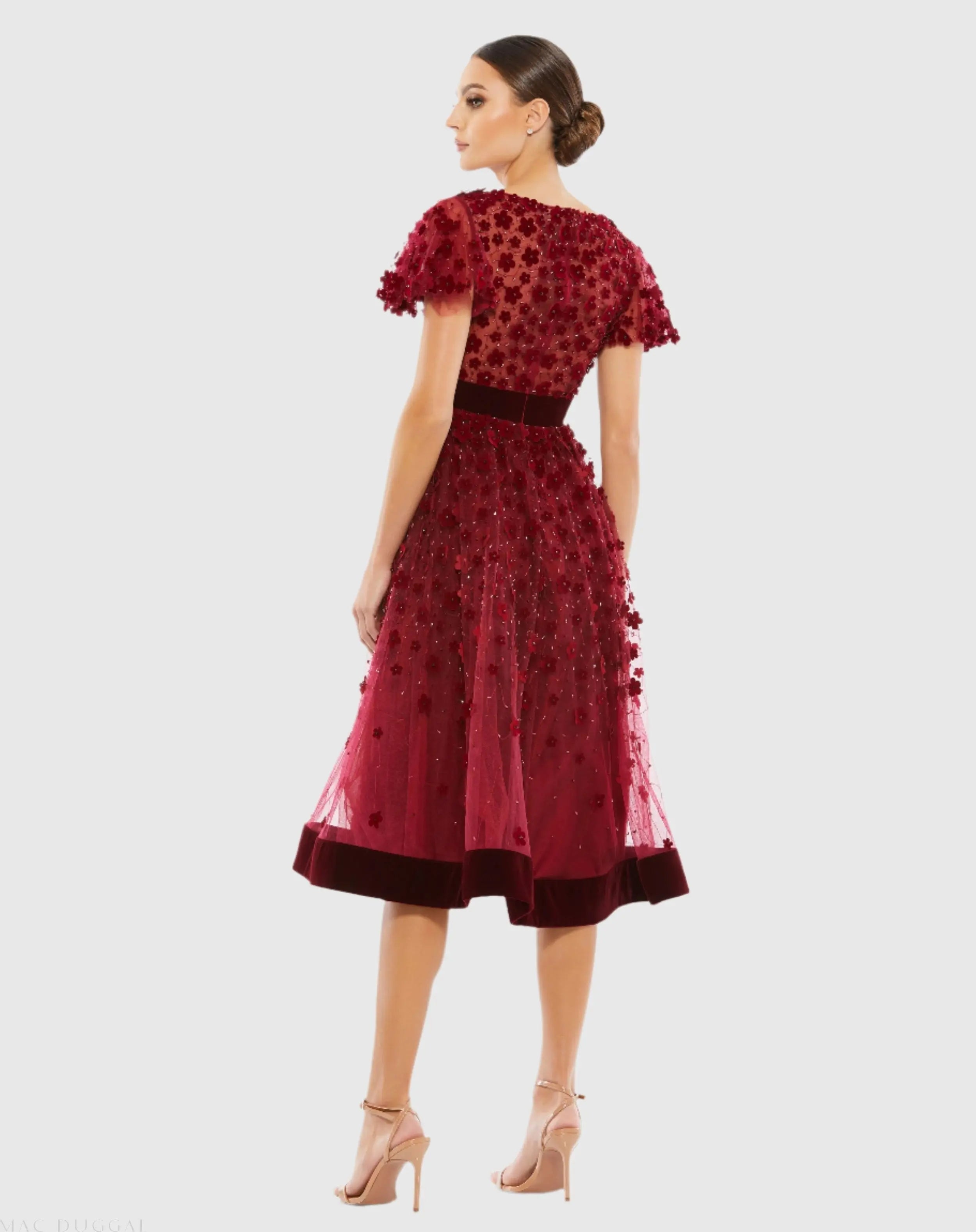 Red Embellished Butterfly Sleeve Velvet Hem Midi Dress