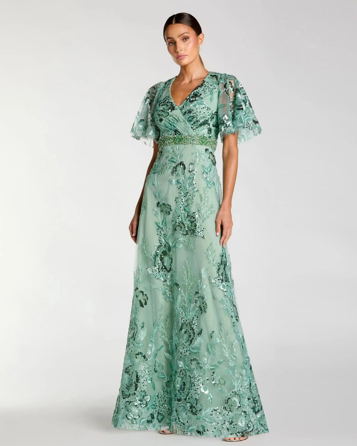 Floral Embellished Short Sleeve Gown