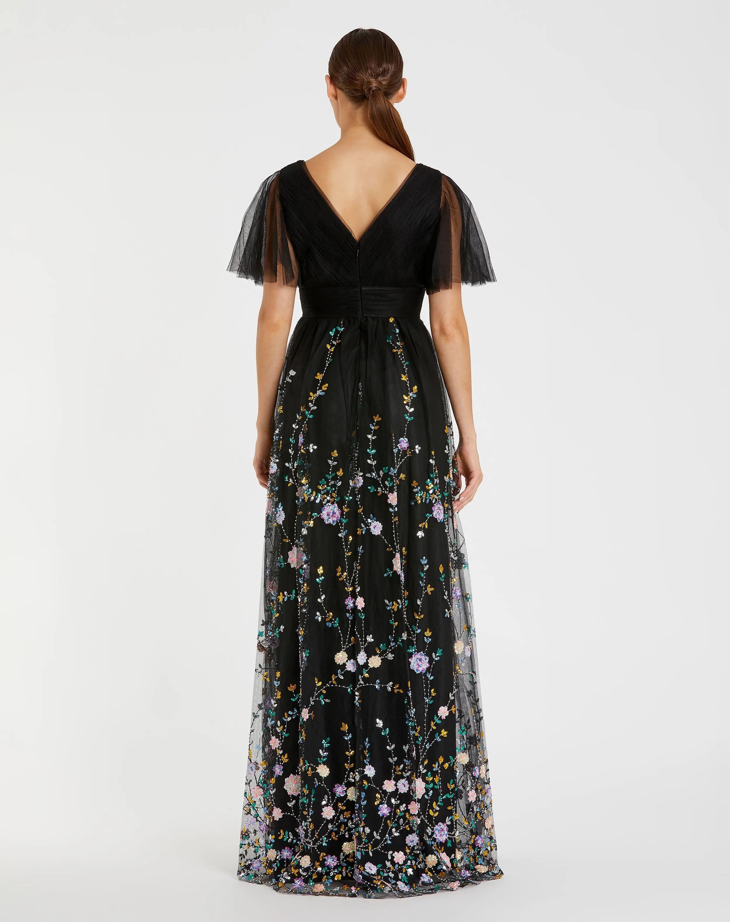 Black Embroidered Butterfly Sleeve Empire Waist Dress