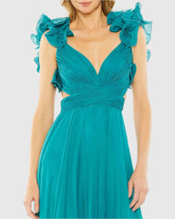Blue Ruffle Tiered Cut-Out Chiffon Gown