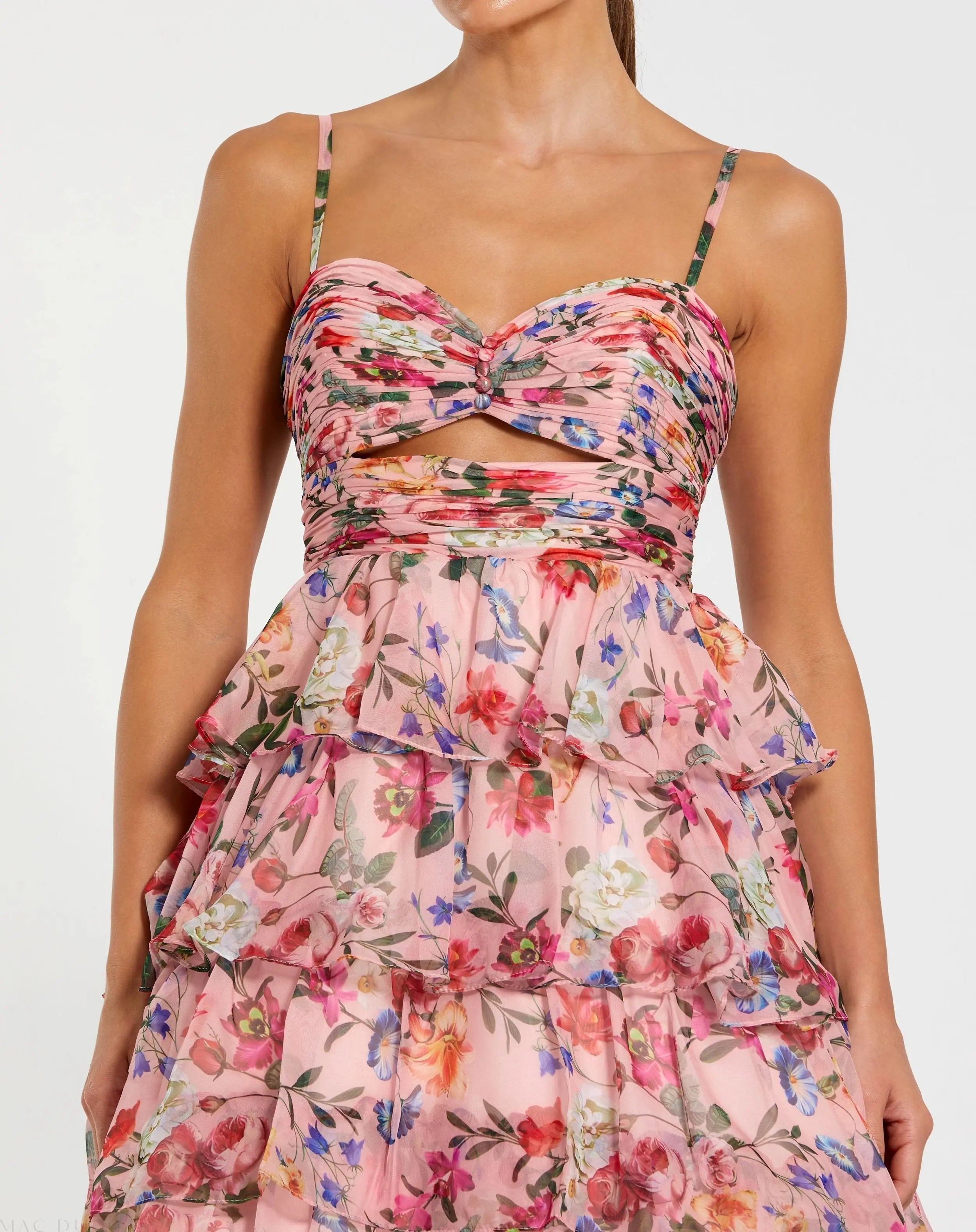 Pink Floral Cut Out Ruffle Tiered Gown