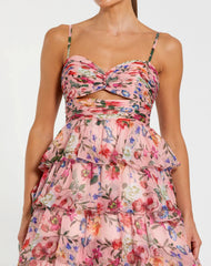 Pink Floral Cut Out Ruffle Tiered Gown