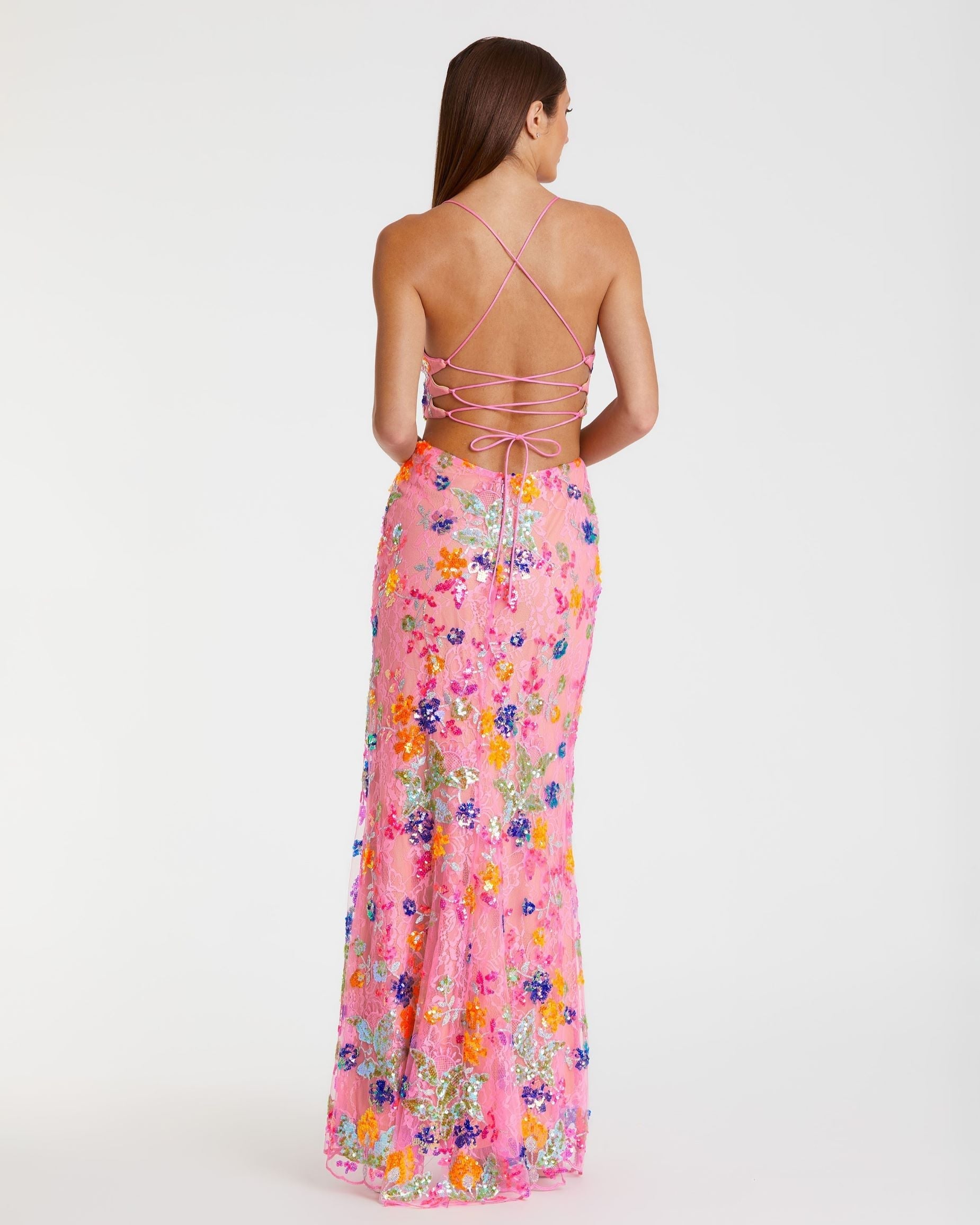 Pink Embellished Lace Strappy Column Gown