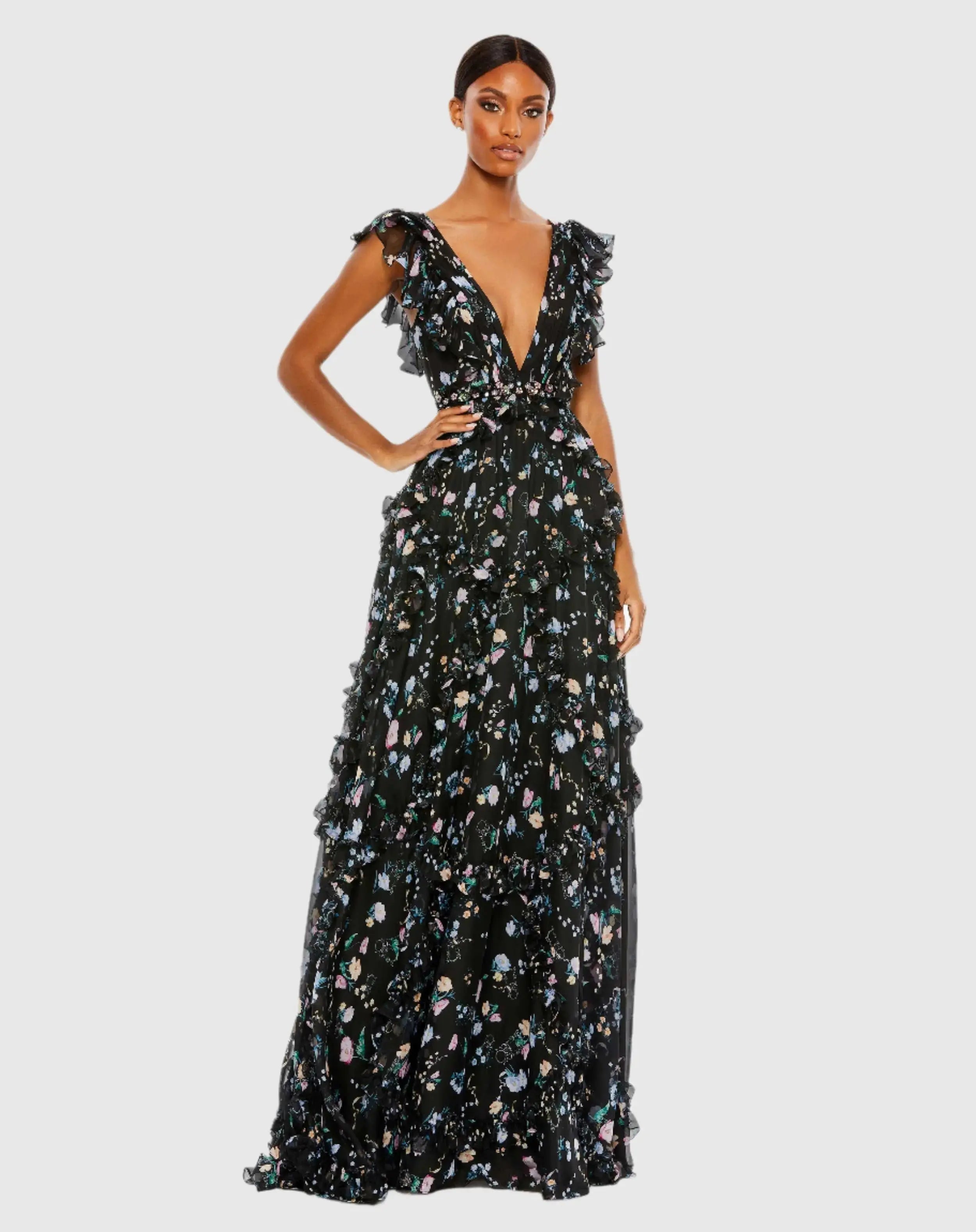Multicolor Ruffled Floral Print Cap Sleeve Gown