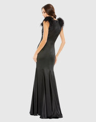 Black Feather Shoulder V-Neck Gown - FINAL SALE