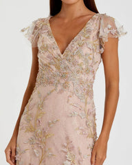 Pink Embroidered Applique Wrap Over Flutter Sleeve Gown
