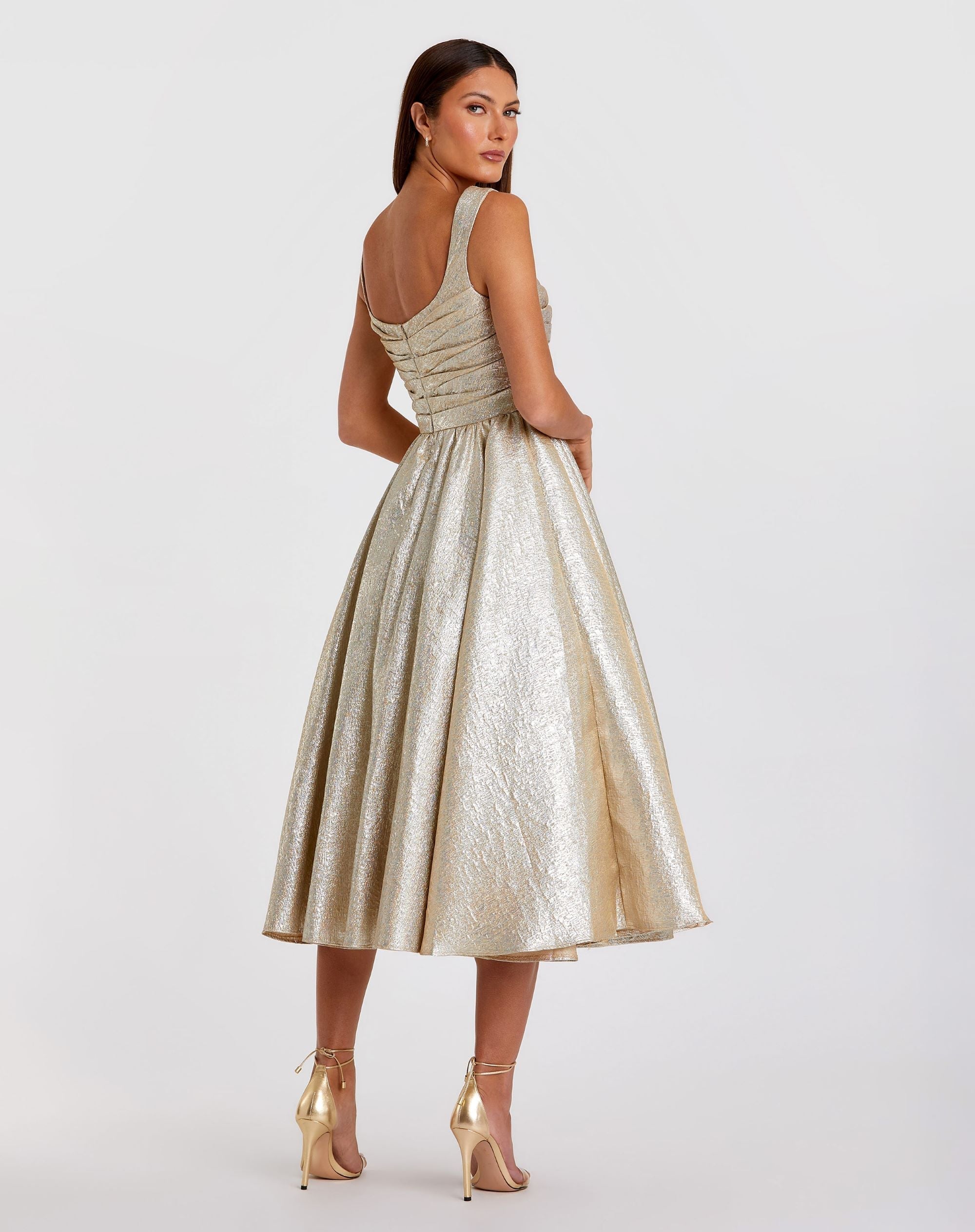 Gold Square Neck Sleeveless A Line Dress