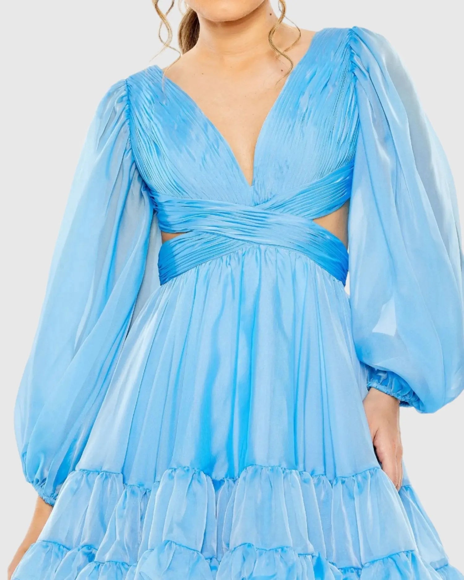Blue Chiffon Cut Out Long Sleeve Mini Dress
