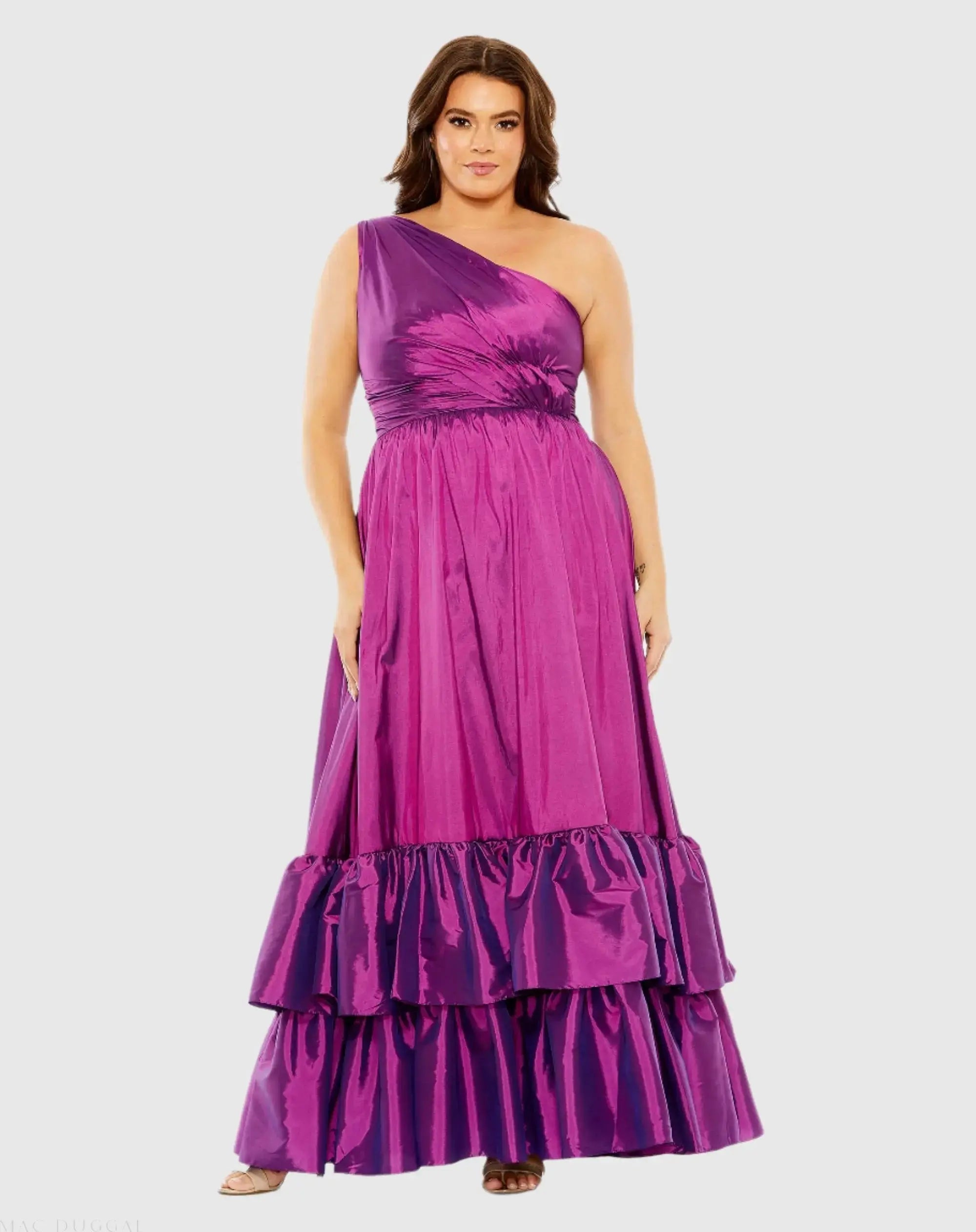 One Shoulder Asymmetrical Ruffle Hem Gown