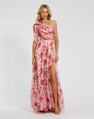 One Shoulder Floral Printed Chiffon Side Cut Out Gown