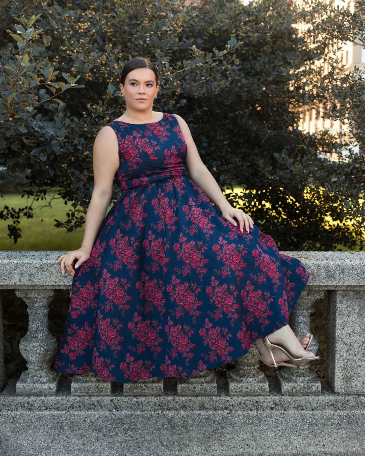 Navy Sleeveless Floral Embroidered Dress (Plus)