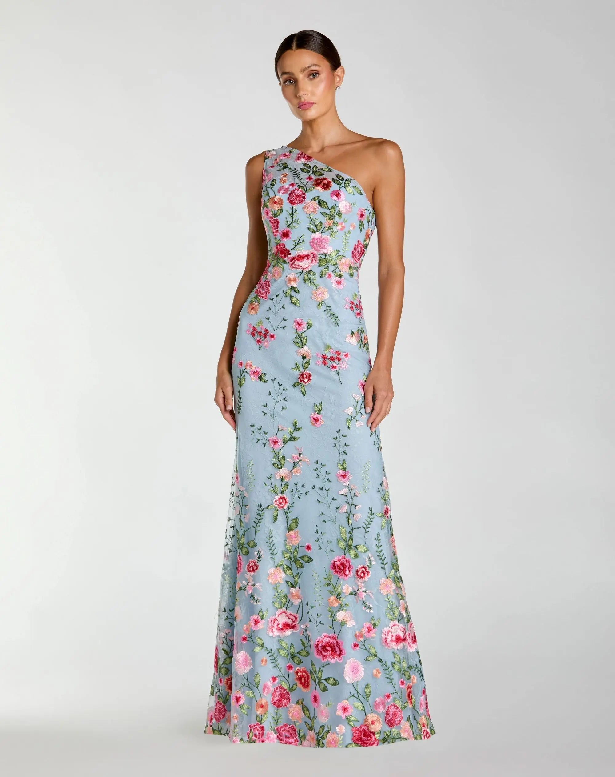 One Shoulder Floral Embroidered Gown