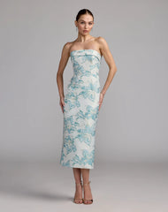 Blue and White Strapless Brocade Sheath Midi Dress