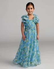 Girls Blue Floral Chiffon Ruffle Shoulder Dress