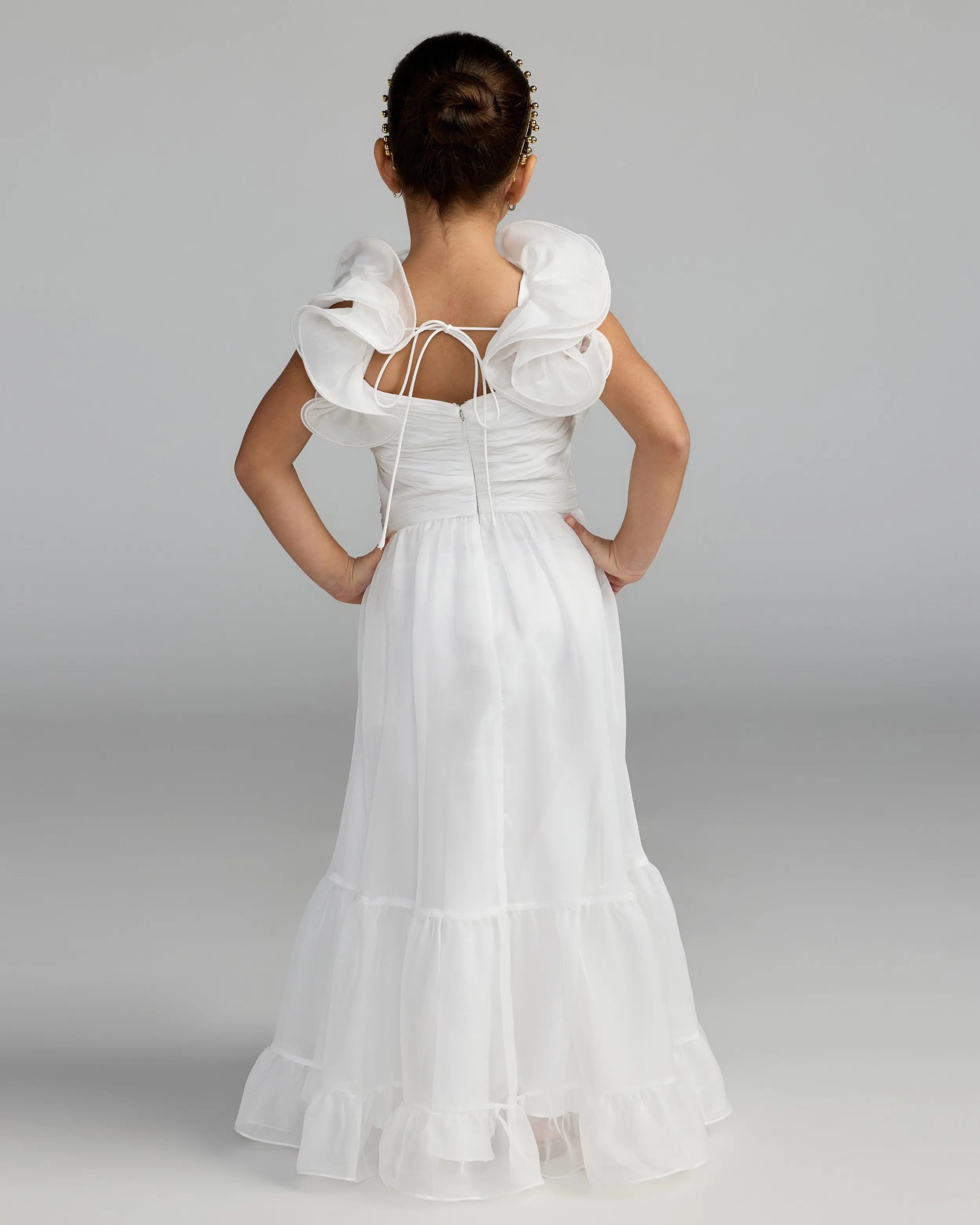 Girls White Chiffon Ruffle Shoulder Long Dress