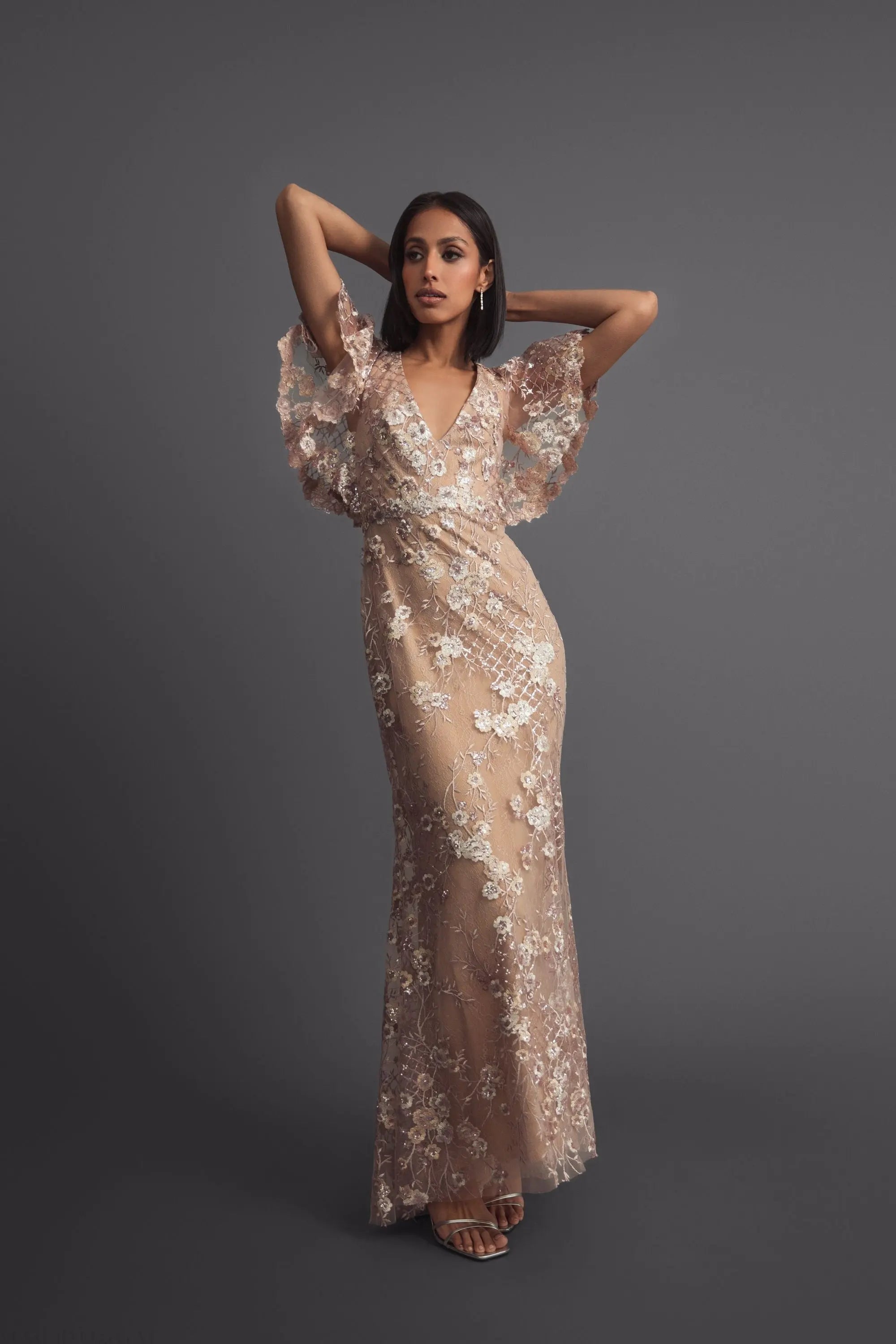 Pink Embellished Lace V Neck Butterfly Sleeve Gown