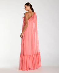 Pink One Shoulder Chiffon Gown With 3D Rosette