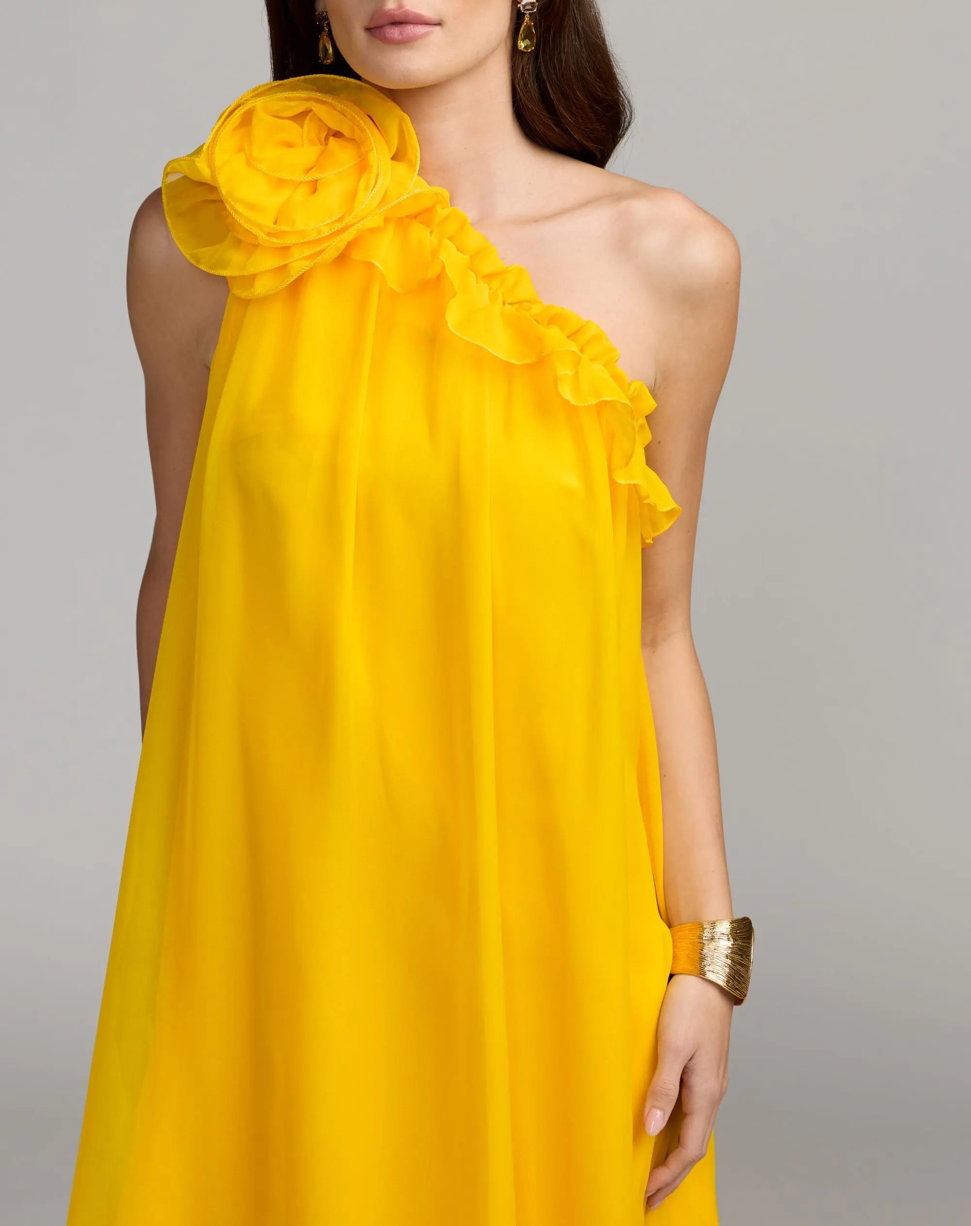 Yellow One Shoulder Chiffon Gown With 3D Rosette