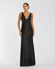 Sleeveless V Neck Satin Gown With Bow Details