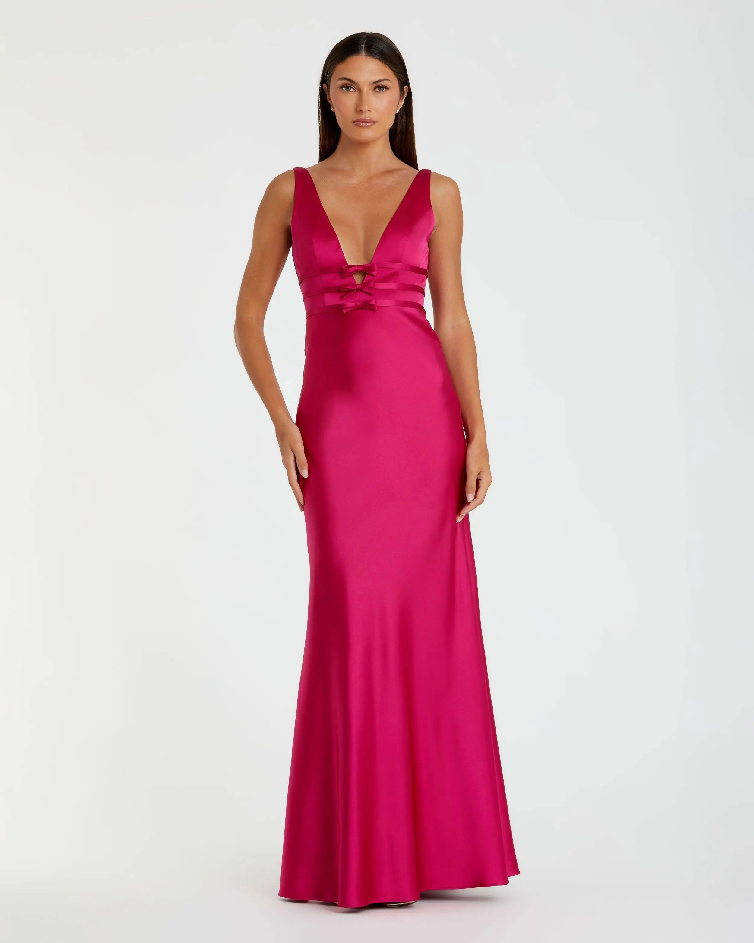 Sleeveless V Neck Satin Gown With Bow Details