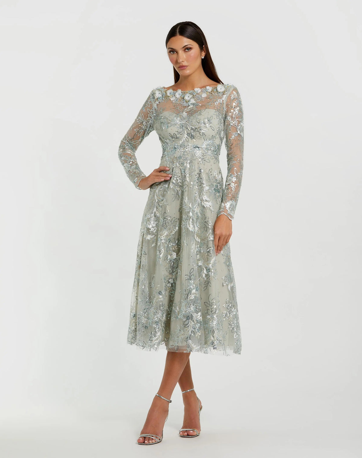 Blue Embellished Illusion Long Sleeve Midi Dress