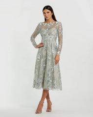 Blue Embellished Illusion Long Sleeve Midi Dress