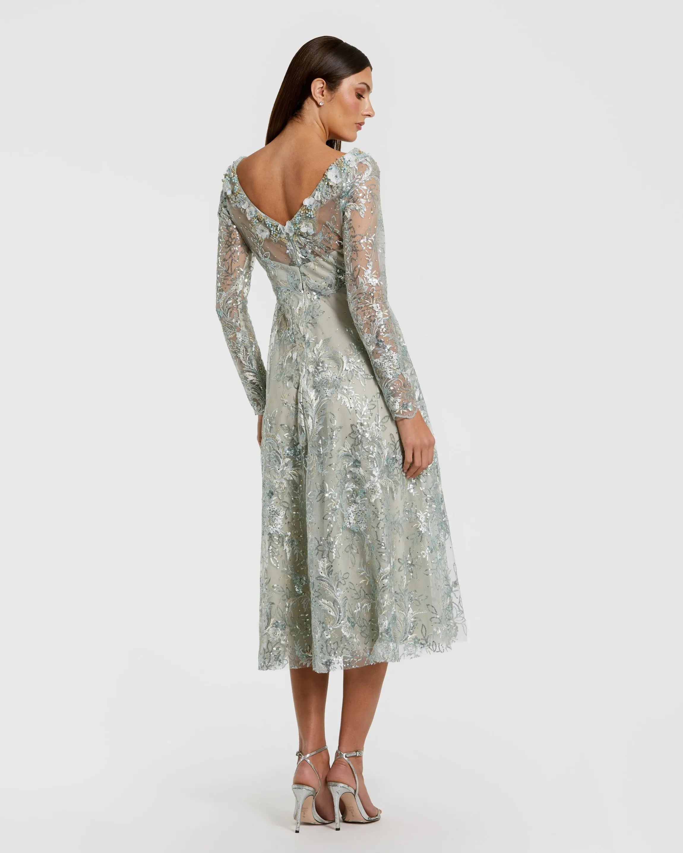 Blue Embellished Illusion Long Sleeve Midi Dress