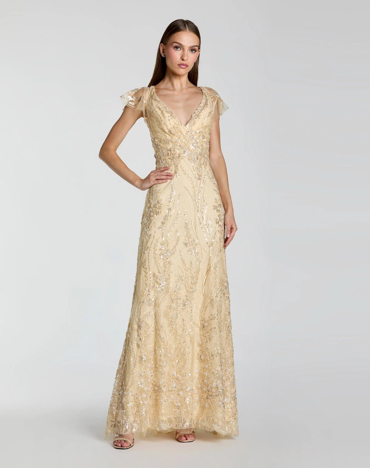 V Neck Flutter Sleeve Floral Embroidered Gown