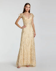 Gold V Neck Flutter Sleeve Embroidered Lace Gown