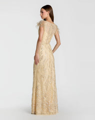 Gold V Neck Flutter Sleeve Embroidered Lace Gown