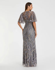 Gray High Neck Flutter Sleeve Embroidered Gown