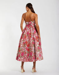 Pink Floral Brocade Strapless A-Line Midi Dress