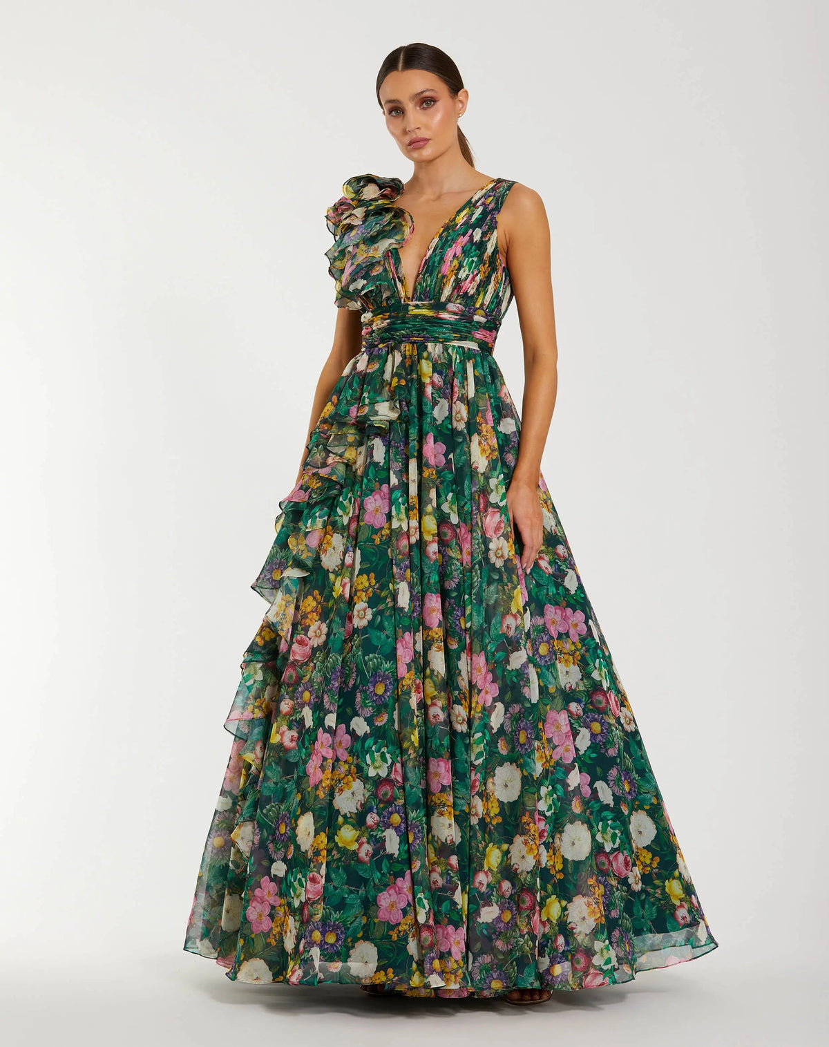 Ruffle Shoulder V-Neck Chiffon Gown