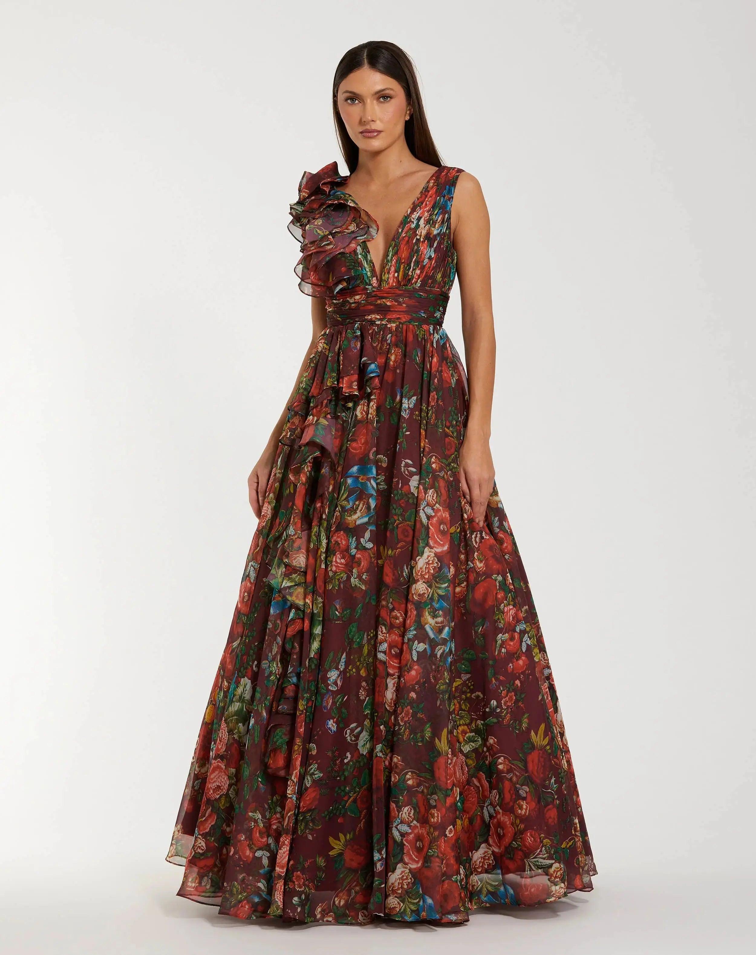 Ruffle Shoulder V-Neck Chiffon Gown