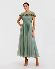 Chiffon Illusion Neck Midi Dress With 3D Flowers