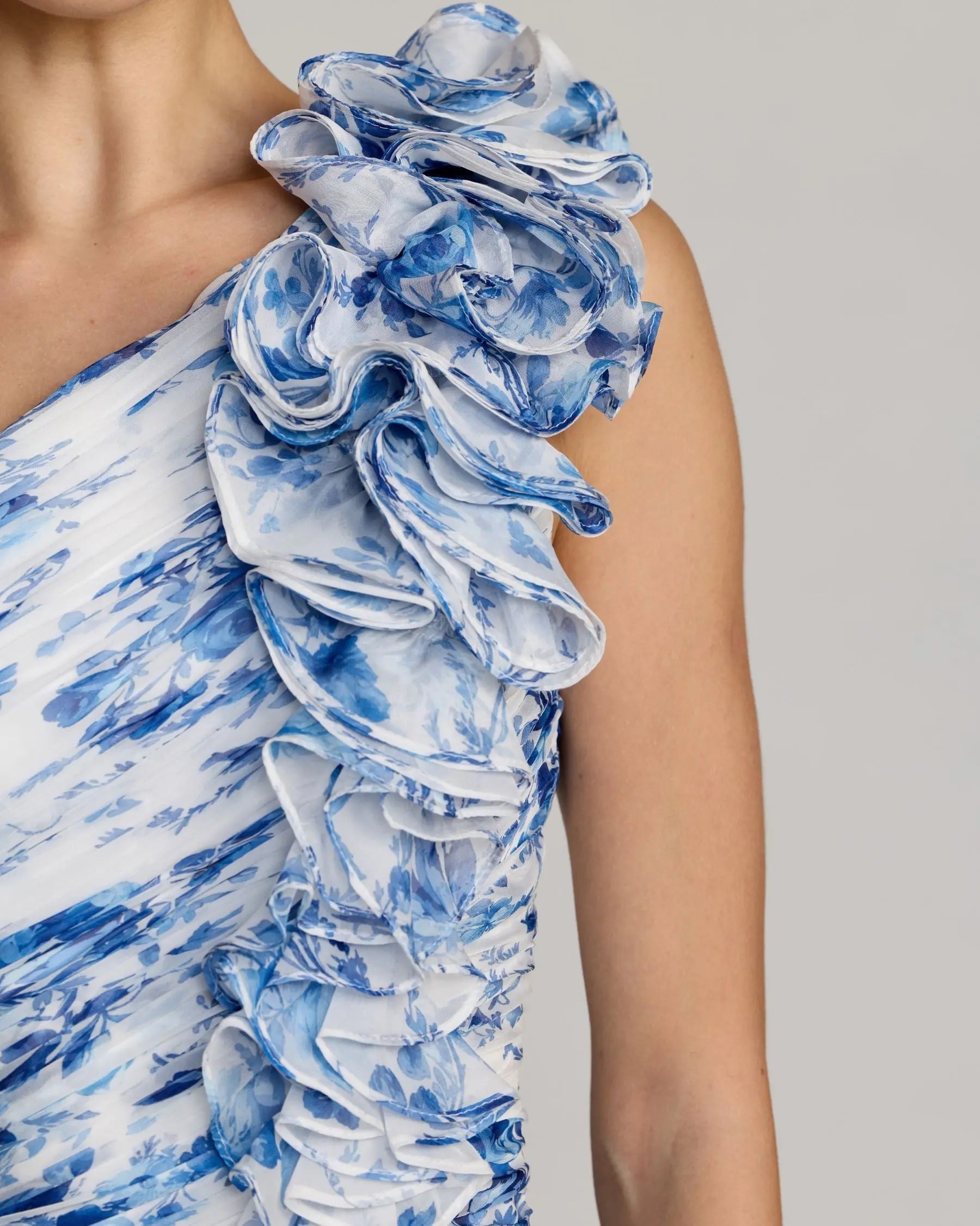 Blue Ruched Floral Chiffon Gown With 3D Ruffles