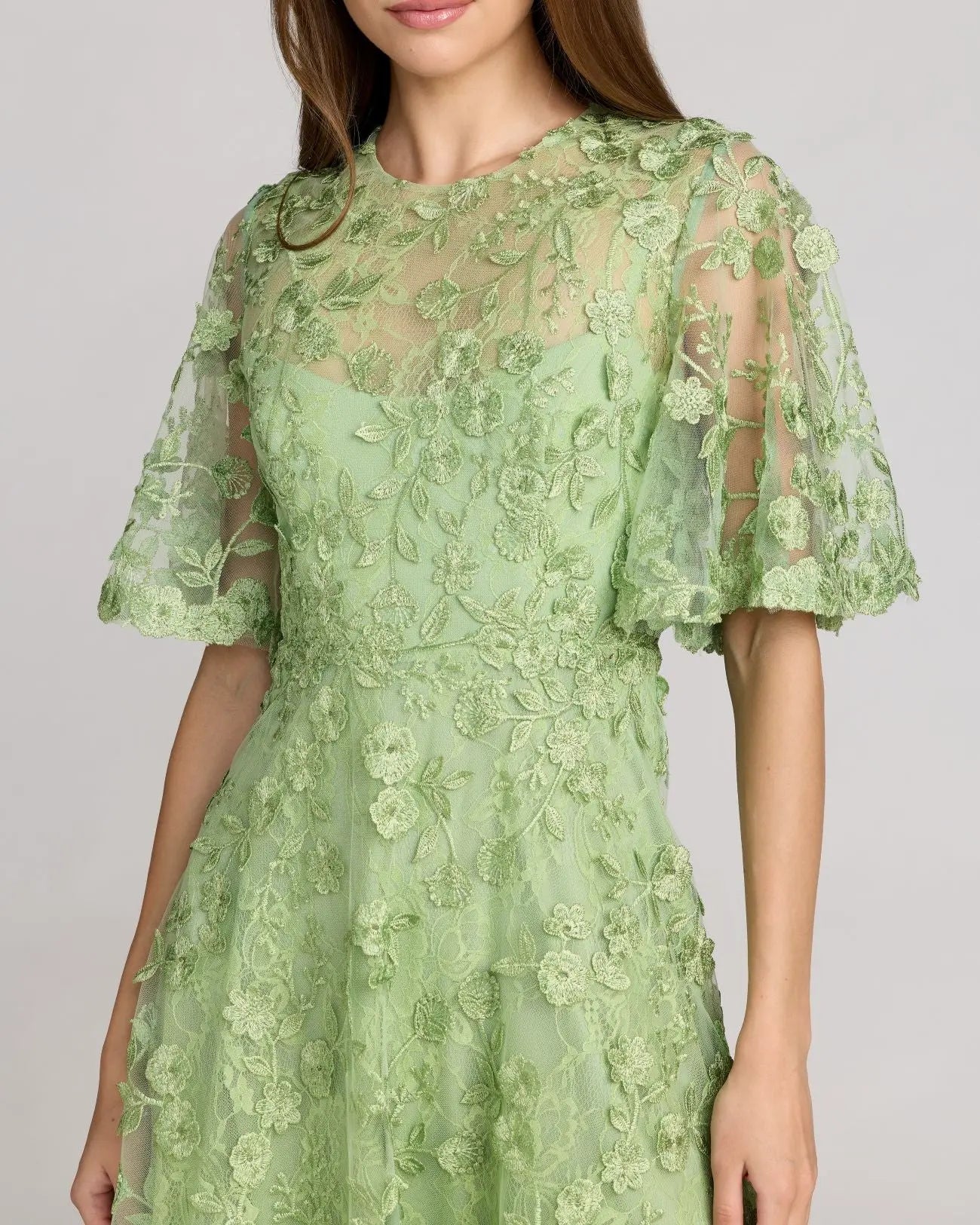 Green Flutter Sleeve Embroidered Midi Dress